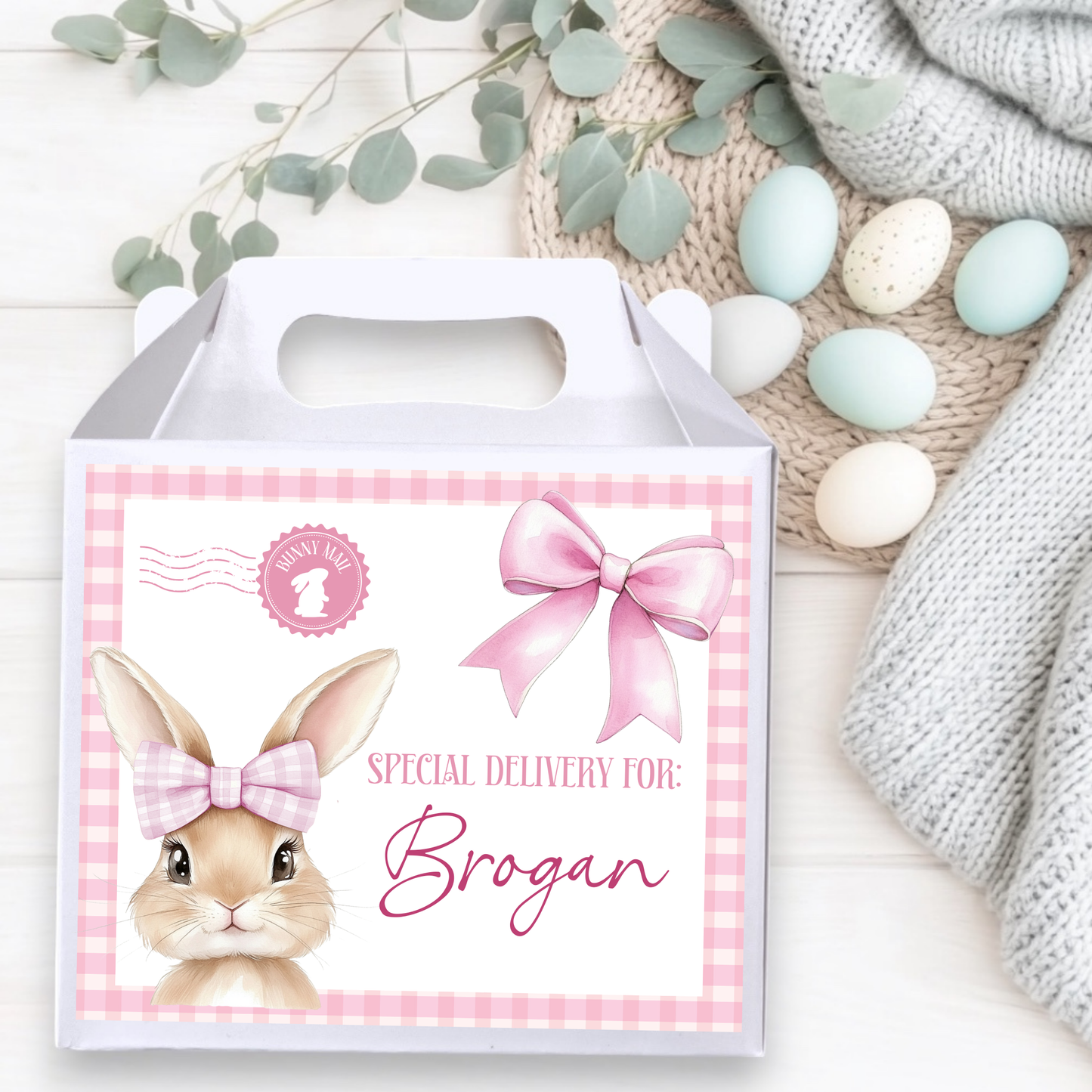 Gingham Pink Bunny Box Decal