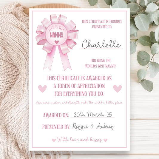 Nanny Rosette Certificate