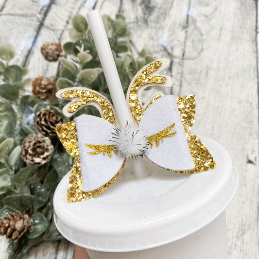 Christmas Straw Topper -White & Gold Reindeer